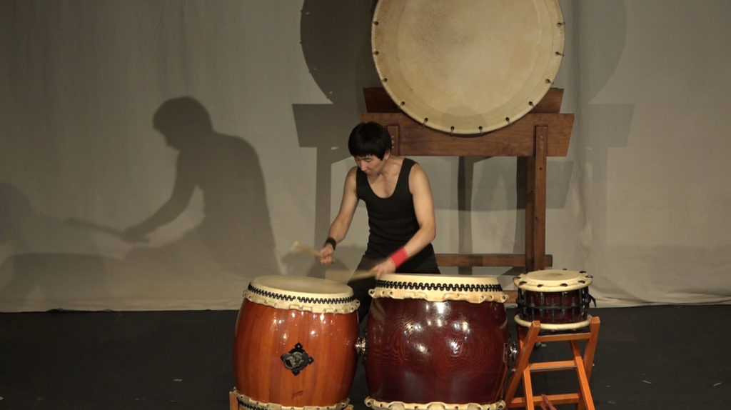 Percussionist, Sotaro Sato, applying his jazz improvisation training to a solo on three drums. Photograph Mia-Alexandra Sky